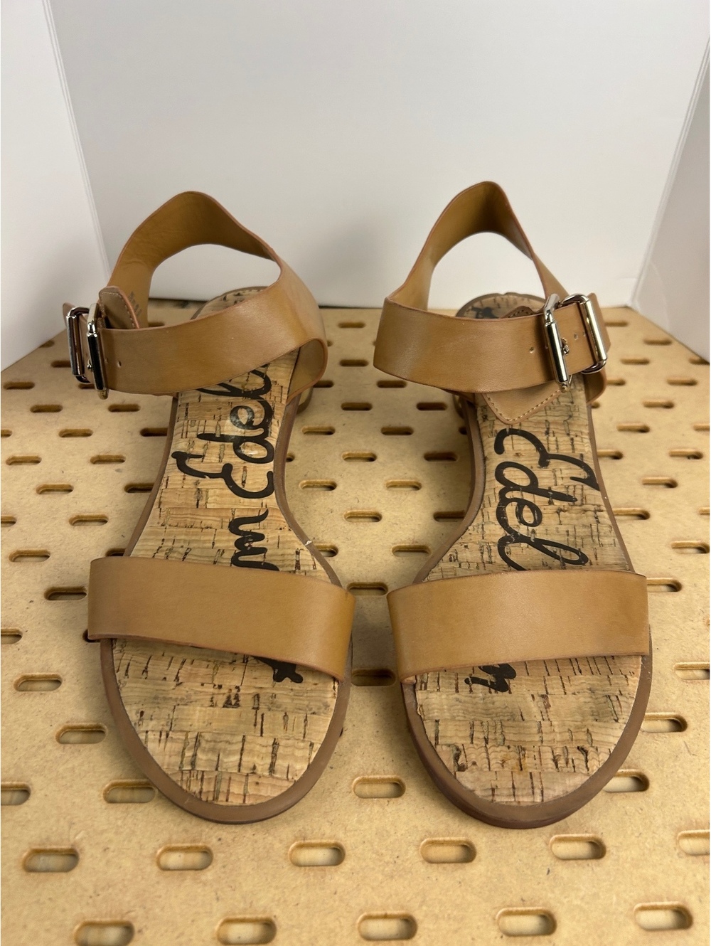 Sam Edelman Women's Tan Leather Ankle Strap Sandals with Gold Block Heels